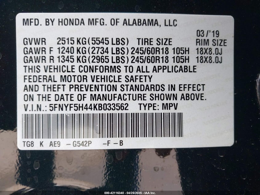2019 HONDA PILOT VIN: 5FNYF5H44KB033562