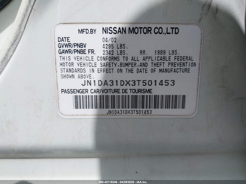 2003 Nissan Maxima Se VIN: JN1DA31DX3T501453 Lot: 42116346