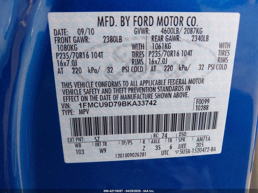 2011 FORD ESCAPE VIN: 1FMCU9D79BKA33742