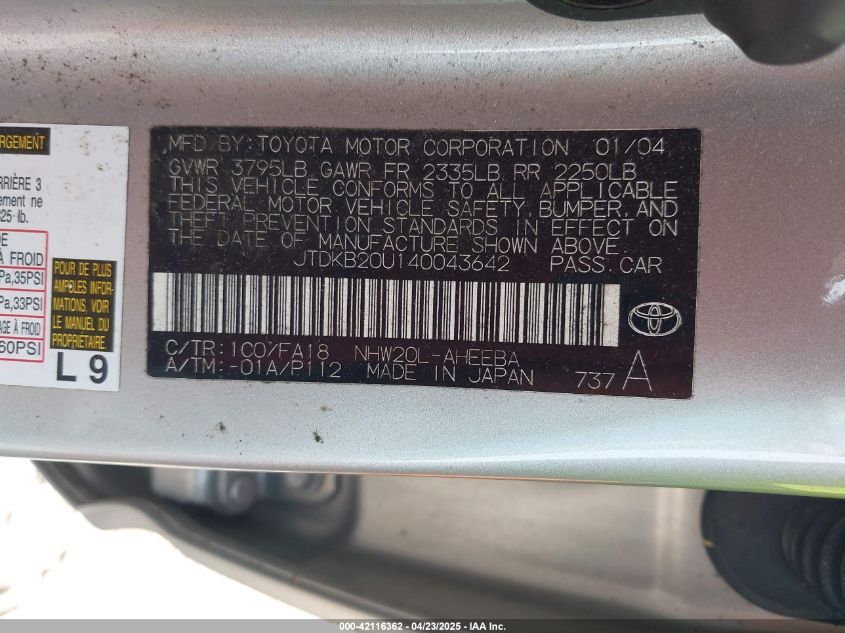 2004 Toyota Prius VIN: JTDKB20U140043642 Lot: 42116362