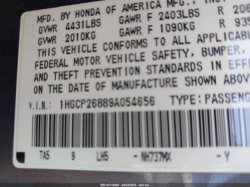 2009 HONDA ACCORD VIN: 1HGCP26889A054656