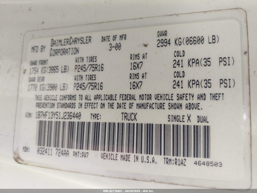 2001 Dodge Ram 1500 St VIN: 1B7HF13Y51J236440 Lot: 42116451