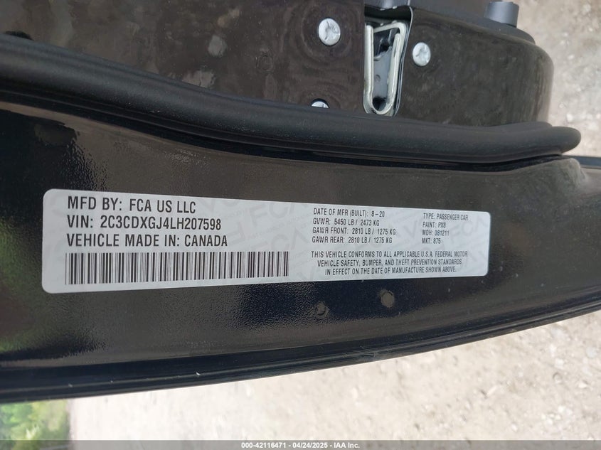 2020 Dodge Charger Scat Pack Rwd VIN: 2C3CDXGJ4LH207598 Lot: 42116471