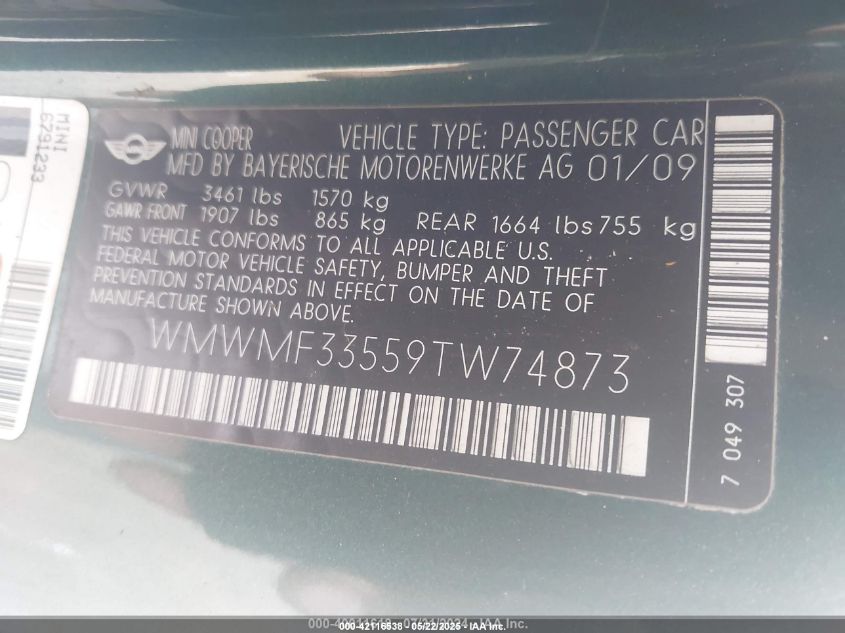 2009 Mini Cooper VIN: WMWMF33559TW74873 Lot: 42116538