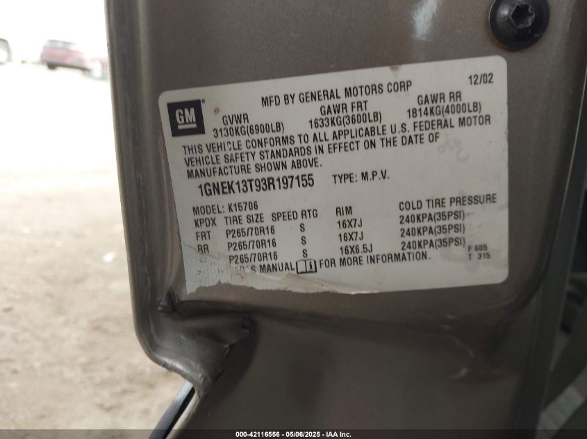 2003 Chevrolet Tahoe Ls VIN: 1GNEK13T93R197155 Lot: 42116556