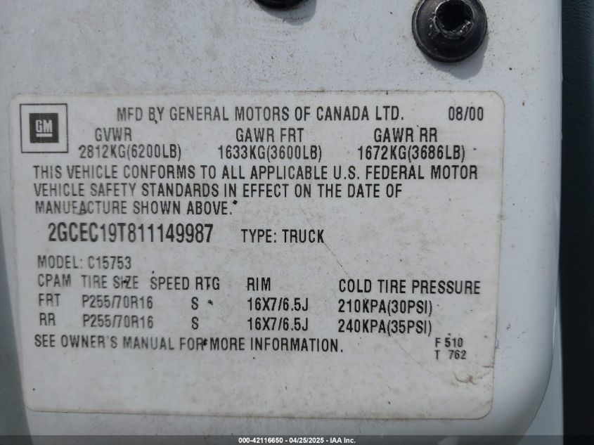 2001 Chevrolet Silverado 1500 Ls/Lt VIN: 2GCEC19T81149987 Lot: 42116650