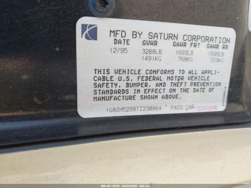 1996 Saturn Sl1 VIN: 1G8ZH5288TZ230864 Lot: 42116703