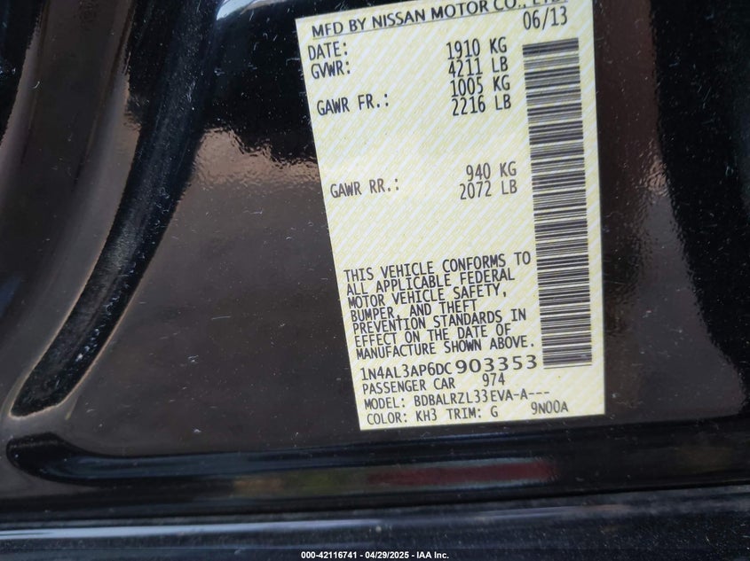 2013 NISSAN ALTIMA VIN: 1N4AL3AP6DC903353