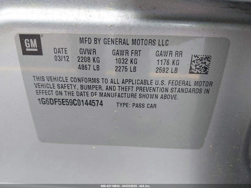 2012 CADILLAC CTS VIN: 1G6DF5E59C0144574