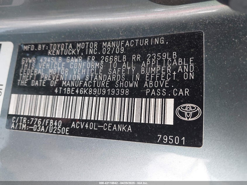 2009 TOYOTA CAMRY VIN: 4T1BE46K89U919398