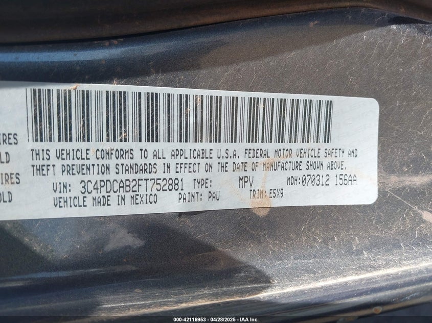 2015 DODGE JOURNEY VIN: 3C4PDCAB2FT752881