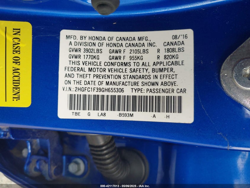 2016 HONDA CIVIC VIN: 2HGFC1F39GH655306