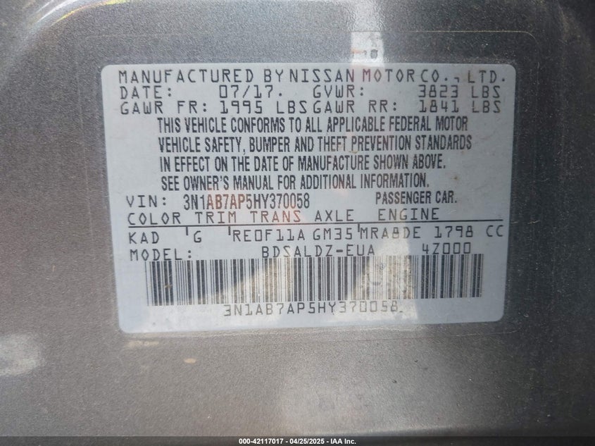 2017 NISSAN SENTRA VIN: 3N1AB7AP5HY370058