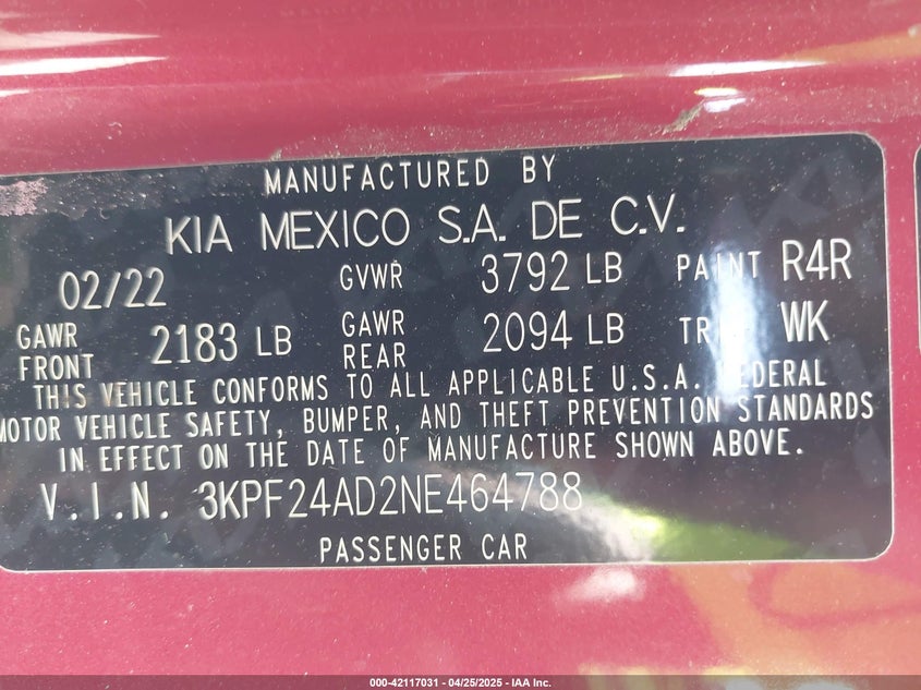 2022 KIA FORTE VIN: 3KPF24AD2NE464788