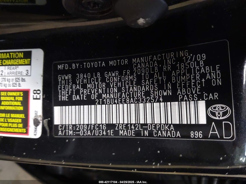 2010 TOYOTA COROLLA VIN: 2T1BU4EE8AC332574