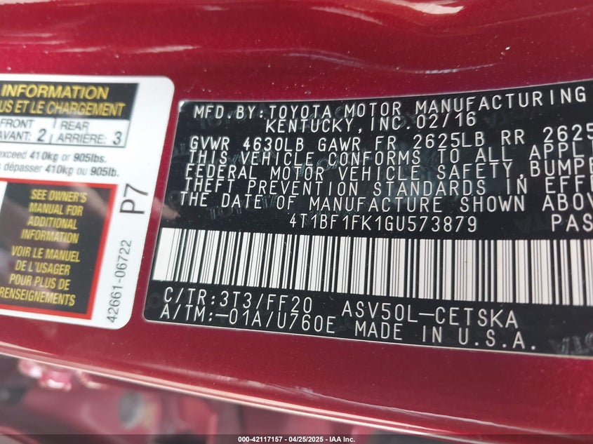 2016 TOYOTA CAMRY VIN: 4T1BF1FK1GU573879
