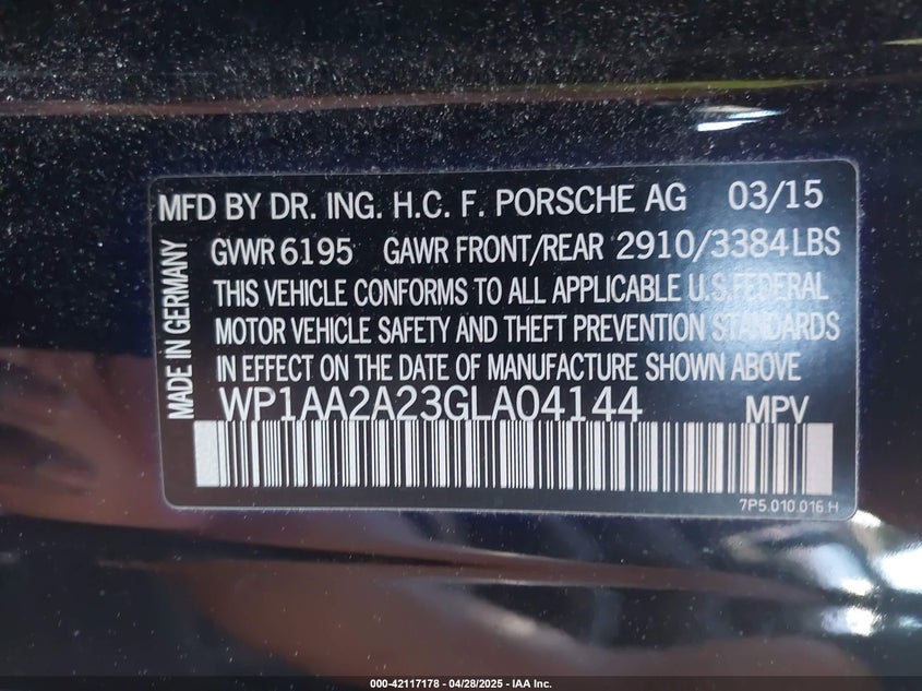 2016 PORSCHE CAYENNE VIN: WP1AA2A23GLA04144