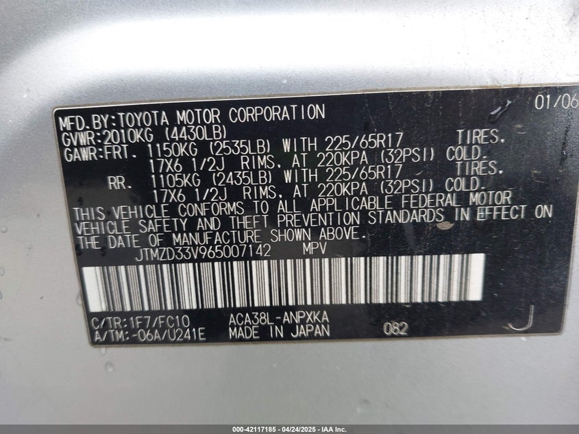 2006 TOYOTA RAV4 VIN: JTMZD33V965007142