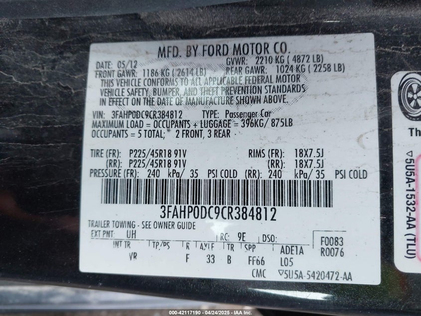 2012 FORD FUSION VIN: 3FAHP0DC9CR384812