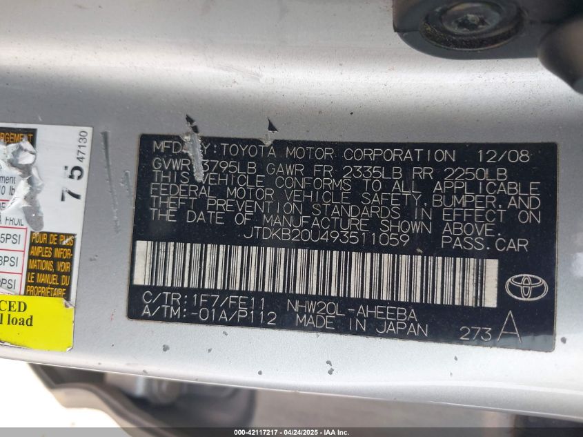 2009 Toyota Prius VIN: JTDKB20U493511059 Lot: 42117217