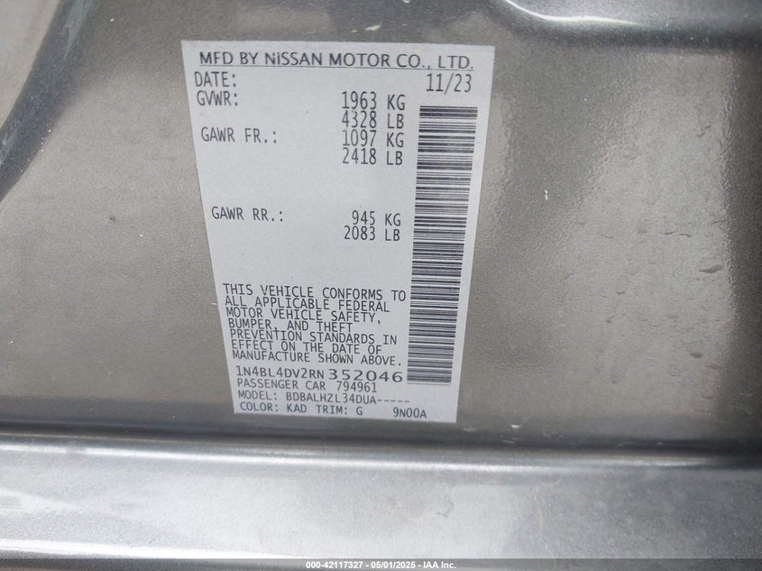 2024 NISSAN ALTIMA VIN: 1N4BL4DV2RN352046