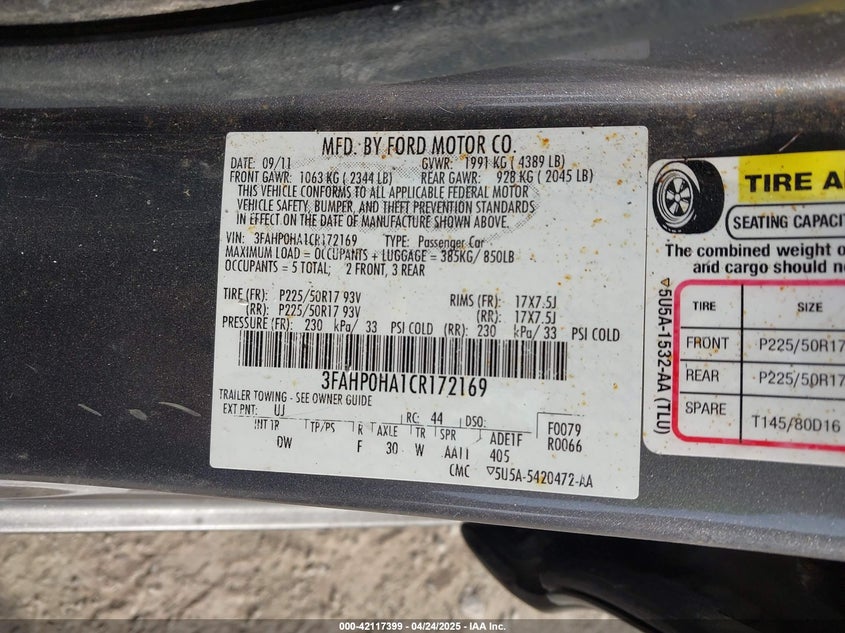 2012 FORD FUSION VIN: 3FAHP0HA1CR172169
