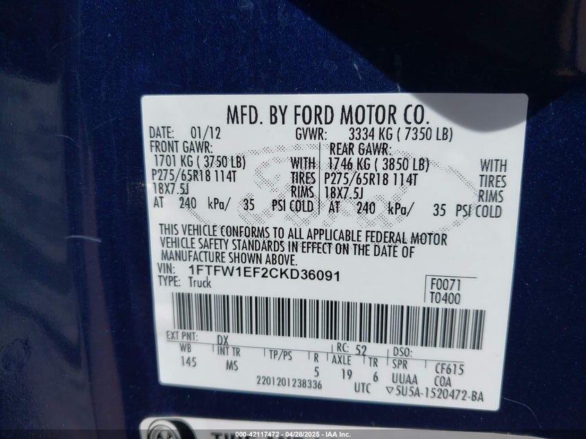 2012 FORD F-150 VIN: 1FTFW1EF2CKD36091