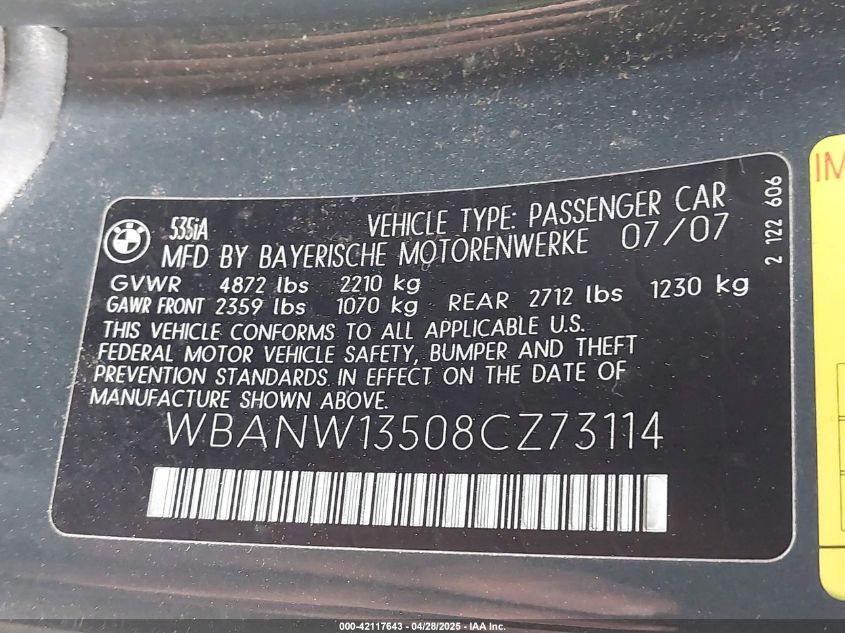 2008 BMW 535I VIN: WBANW13508CZ73114 Lot: 42117643