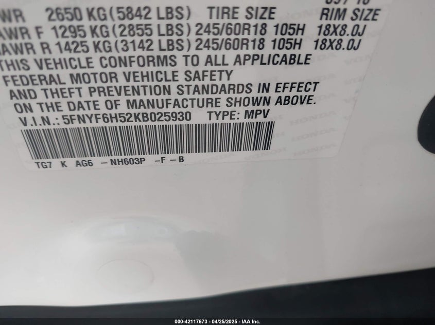 2019 HONDA PILOT VIN: 5FNYF6H52KB025930