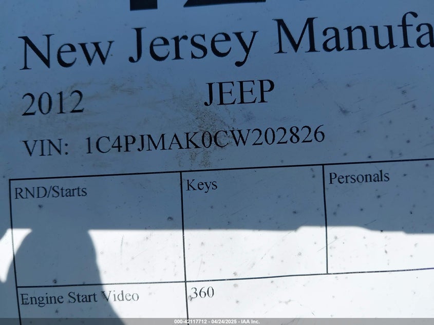 2012 JEEP LIBERTY VIN: 1C4PJMAK0CW202826