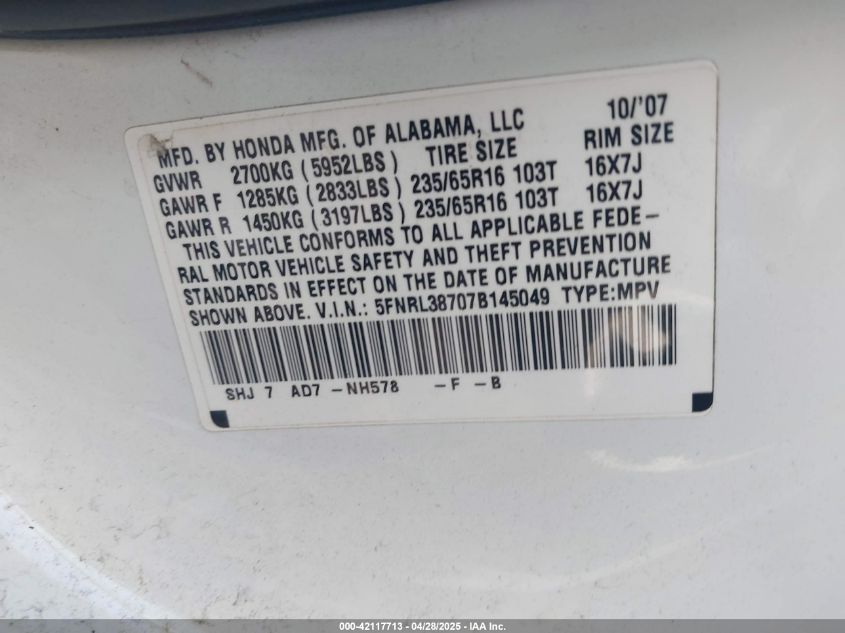 2007 Honda Odyssey Ex-L VIN: 5FNRL38707B145049 Lot: 42117713