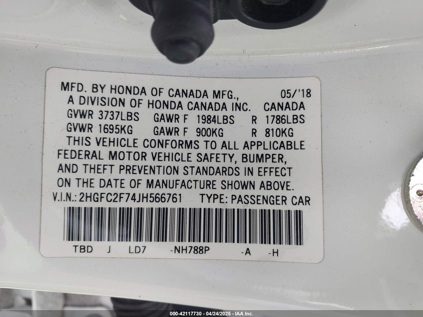 2018 HONDA CIVIC VIN: 2HGFC2F74JH566761