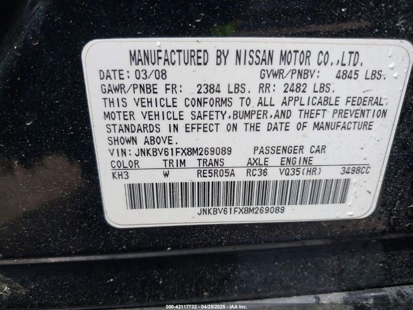 2008 Infiniti G35X VIN: JNKBV61FX8M269089 Lot: 42117732
