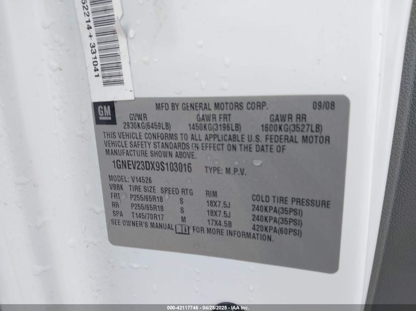 2009 Chevrolet Traverse Lt VIN: 1GNEV23DX9S103016 Lot: 42117746