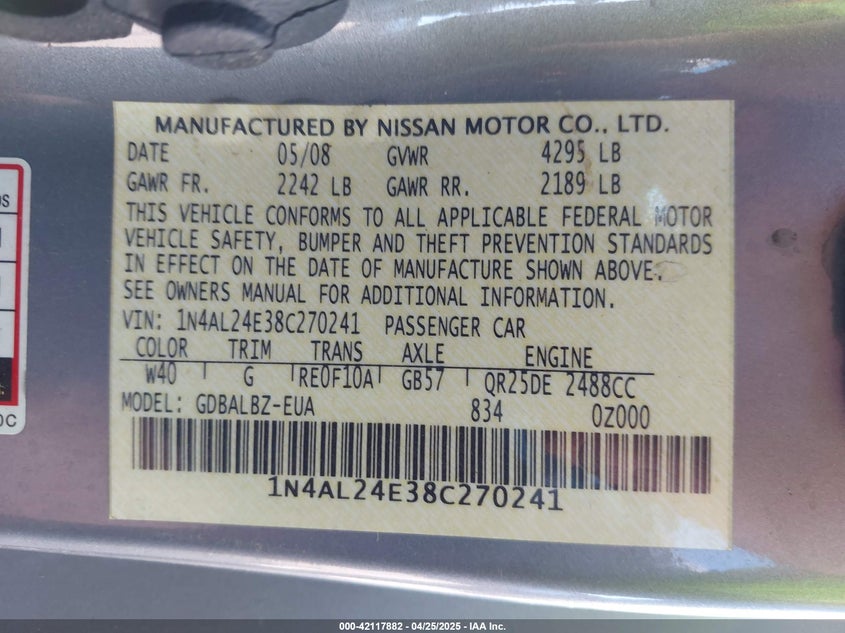 2008 NISSAN ALTIMA VIN: 1N4AL24E38C270241