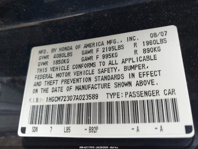 2007 Honda Accord 2.4 Lx VIN: 1HGCM72307A023589 Lot: 42117919