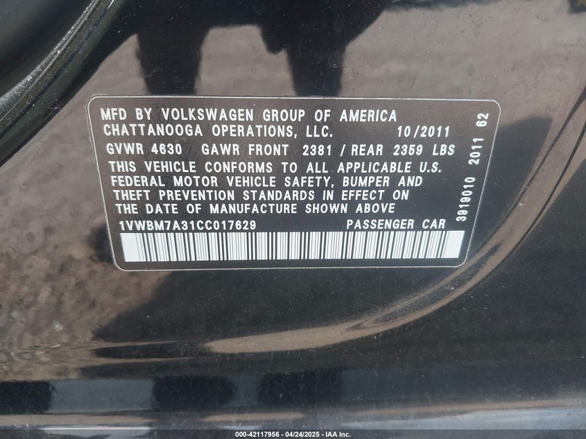 2012 VOLKSWAGEN PASSAT VIN: 1VWBM7A31CC017629
