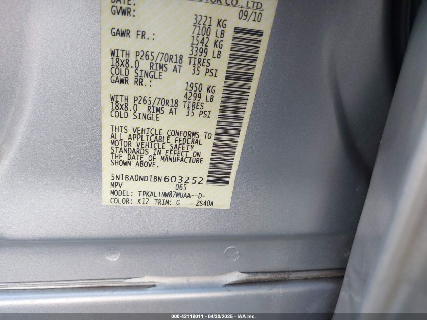 2011 Nissan Armada Sv VIN: 5N1BA0ND1BN603252 Lot: 42118011