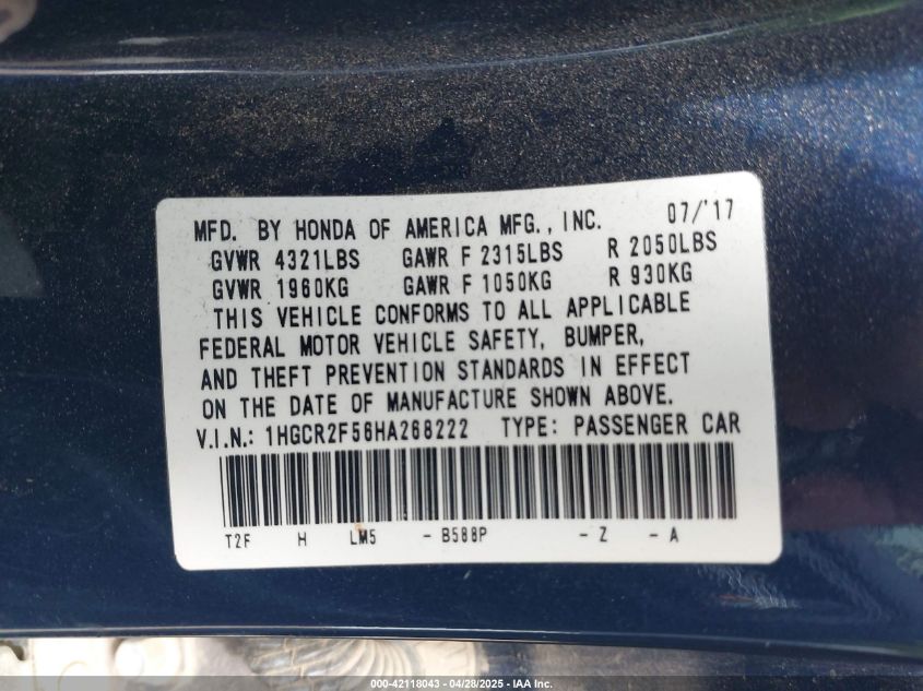 2017 Honda Accord Sport VIN: 1HGCR2F56HA268222 Lot: 42118043