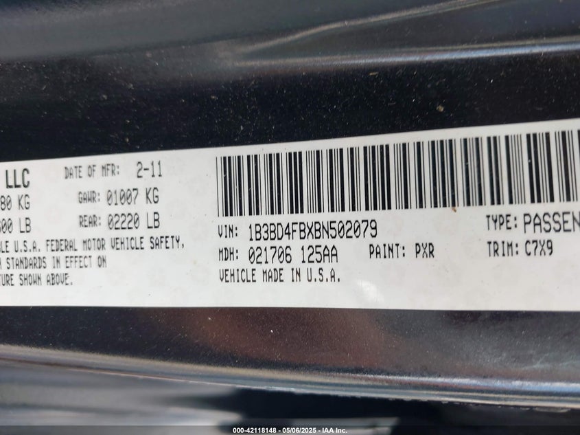 2011 DODGE AVENGER VIN: 1B3BD4FBXBN502079