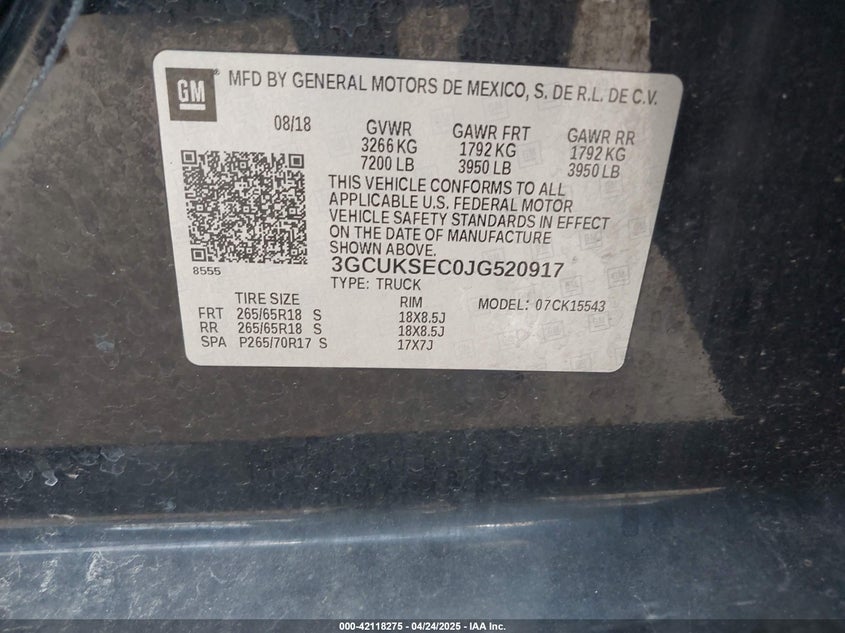 2018 CHEVROLET SILVERADO 1500 VIN: 3GCUKSEC0JG520917