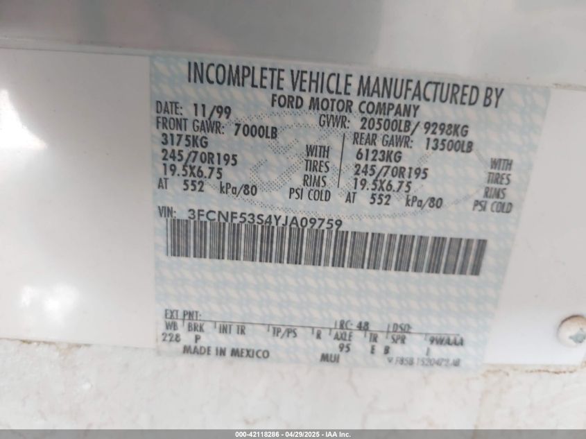 2000 Ford F550 Super Duty Stripped Chass VIN: 3FCNF53S4YJA09759 Lot: 42118286