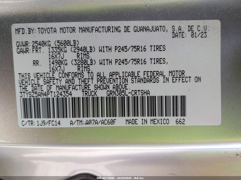 2023 TOYOTA TACOMA VIN: 3TYSZ5AN4PT124354