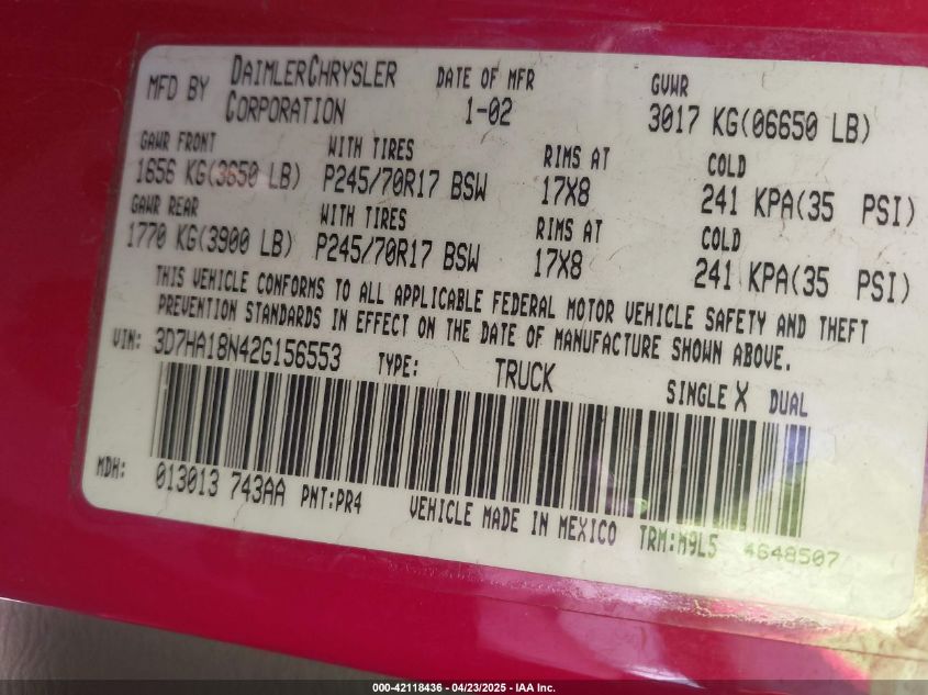 2002 Dodge Ram 1500 St VIN: 3D7HA18N42G156553 Lot: 42118436