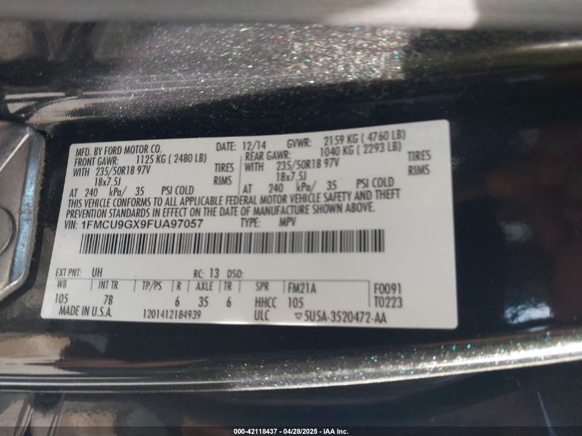 2015 Ford Escape Se VIN: 1FMCU9GX9FUA97057 Lot: 42118437