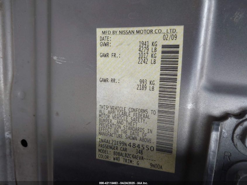 2009 Nissan Altima 2.5 S VIN: 1N4AL21E99N484550 Lot: 42118463