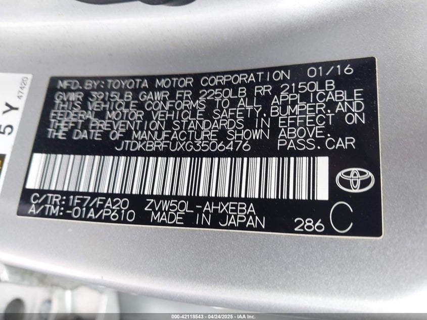 2016 TOYOTA PRIUS VIN: JTDKBRFUXG3506476