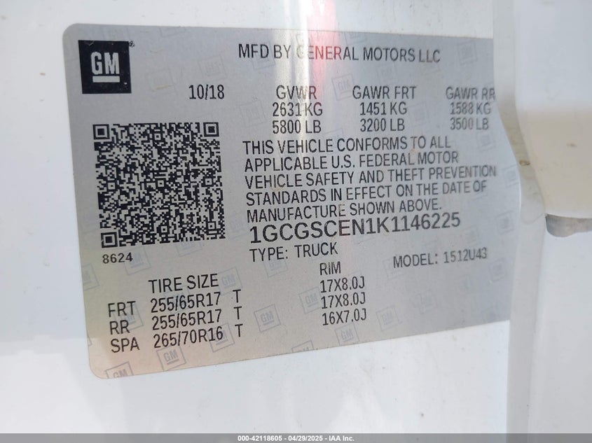 2019 CHEVROLET COLORADO VIN: 1GCGSCEN1K1146225