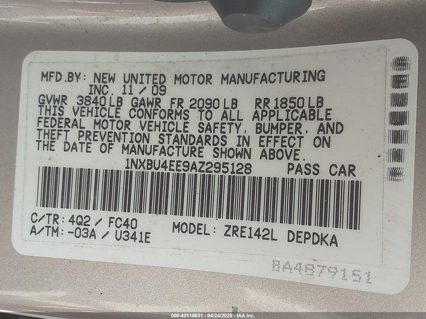 2010 TOYOTA COROLLA VIN: 1NXBU4EE9AZ295128