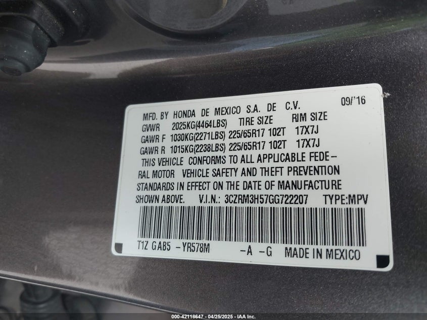 2016 HONDA CR-V VIN: 3CZRM3H57GG722207